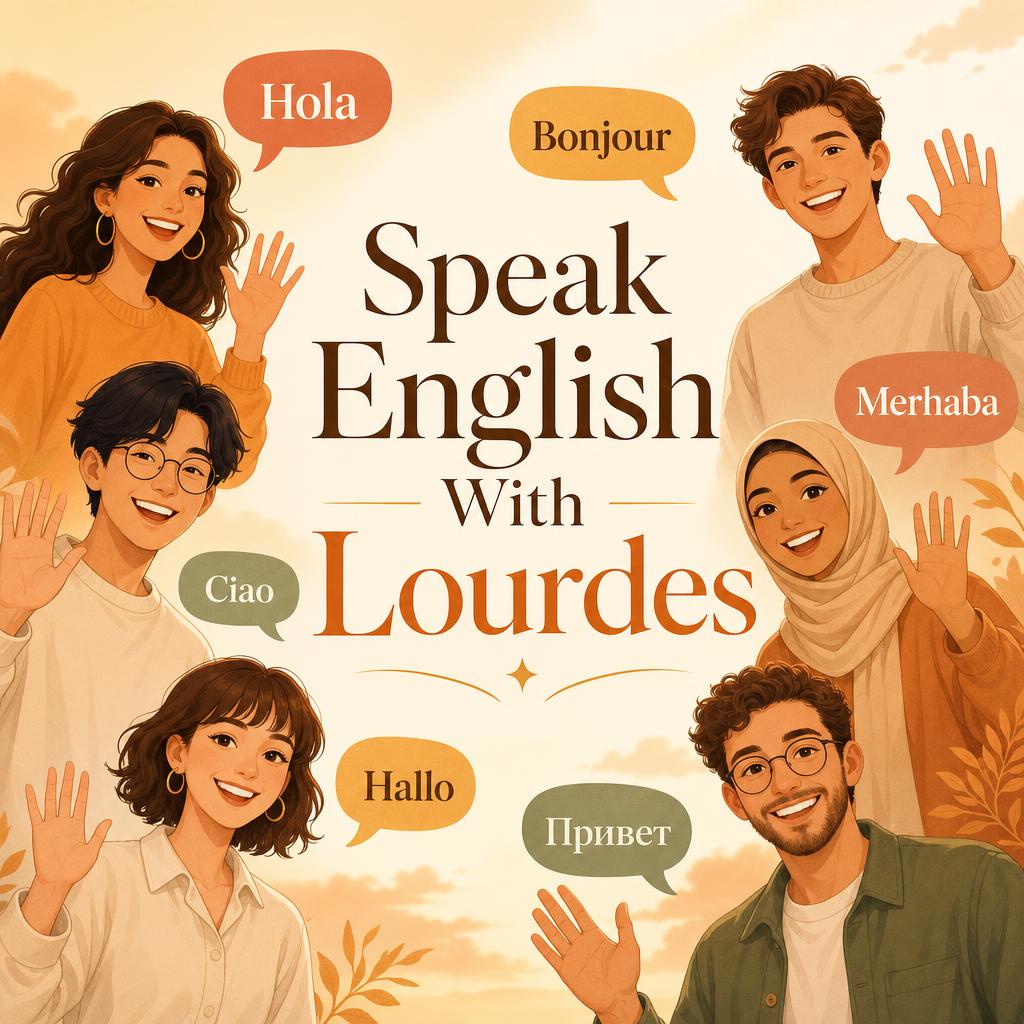 Speak English With Lourdes — friendly learners saying hello in Spanish, French, Italian, Turkish, German, and Russian